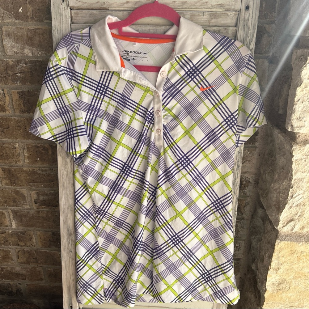 Nike Golf Polo Shirt Womens Large Multi Plaid Dri Fit Stretch Golf Performance